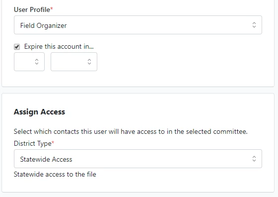 Example of the Assign Access dropdown