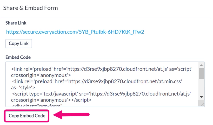 Copy embed code button highlighted from the Online Actions embed page