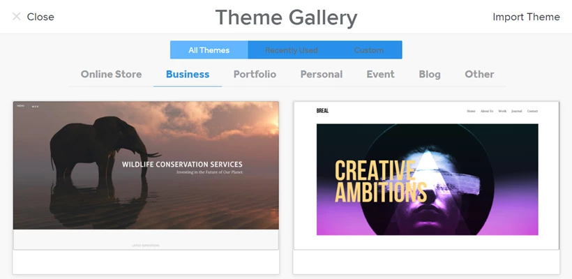 page showing themes available in weebly