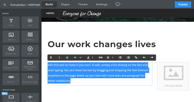 Example of editing text on the weebly build page