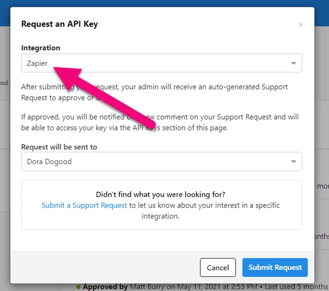 Zapier is selected in the dropdown for the key request