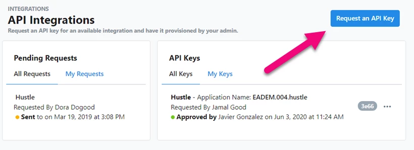Request an API Key is highlighted in the upper right of the API Integrations page