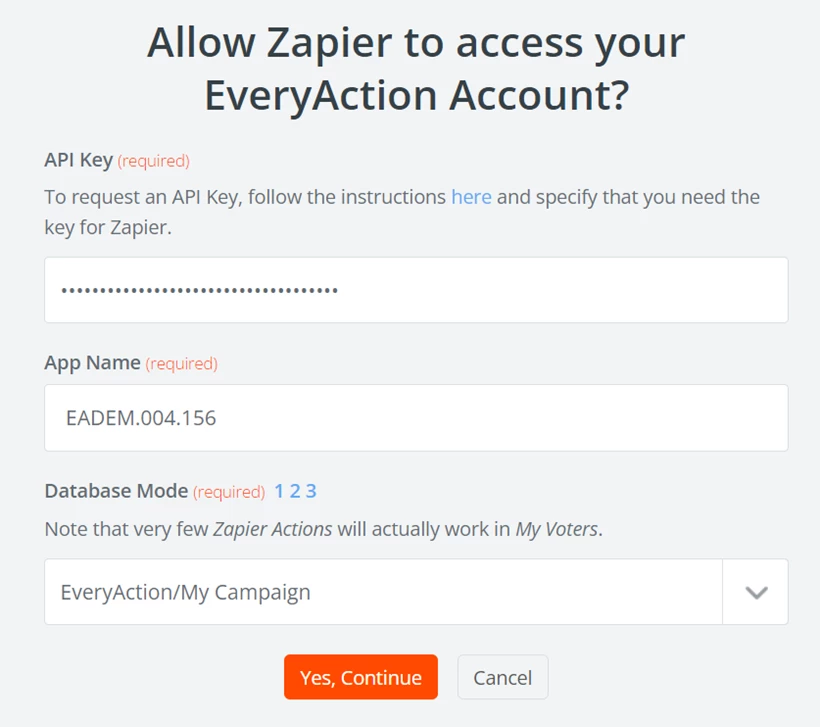 Filling in information to allow Zapier to connect to EveryAction