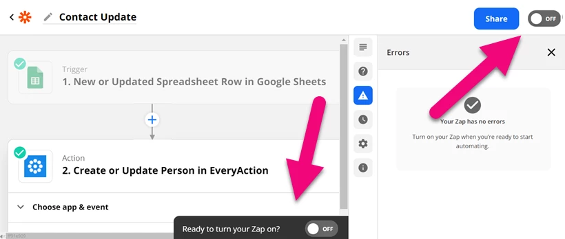 The on/off toggle is highlighted in the Zapier workflow