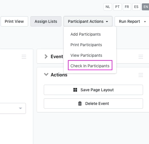 list of participant actions showing the option to select check in participants