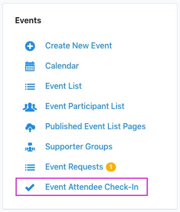 finding event attendee check-in from the events section of the main menu