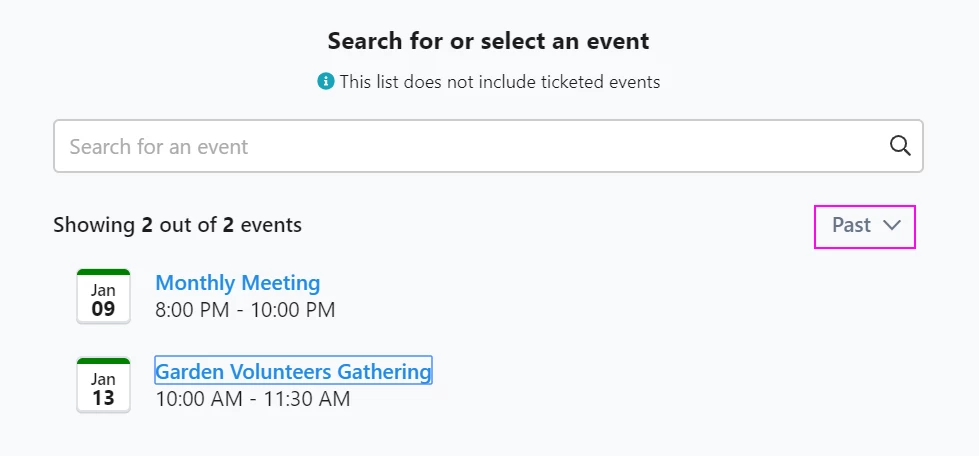 list showing how to filter for current or past events