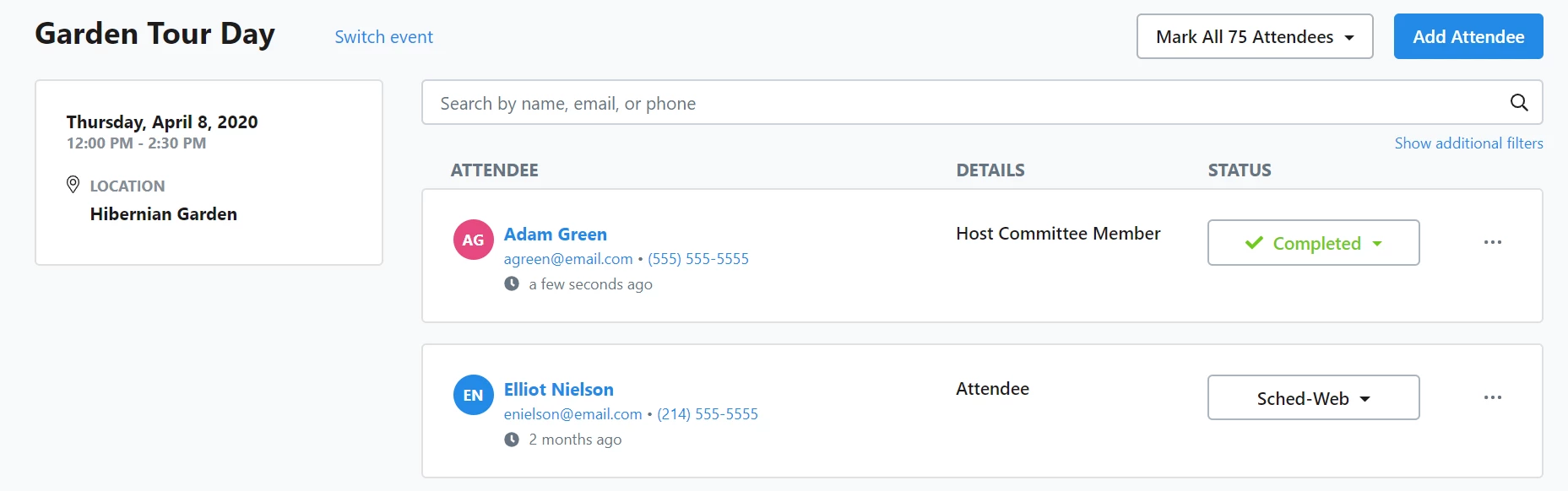 page showing summary of event details for one event