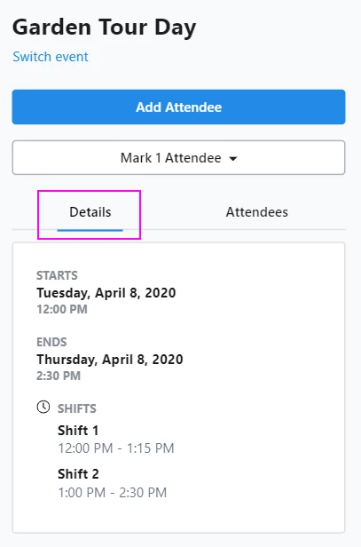 mobile view of event details and attendee details screens