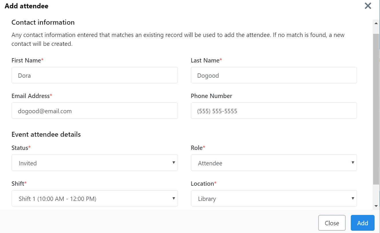 display of contact details and event details for a user added record