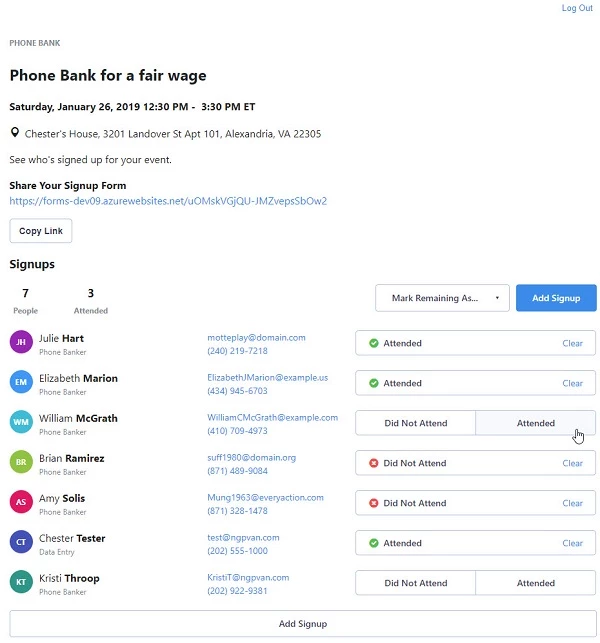 attendees check in page showing how to mark the status of guests