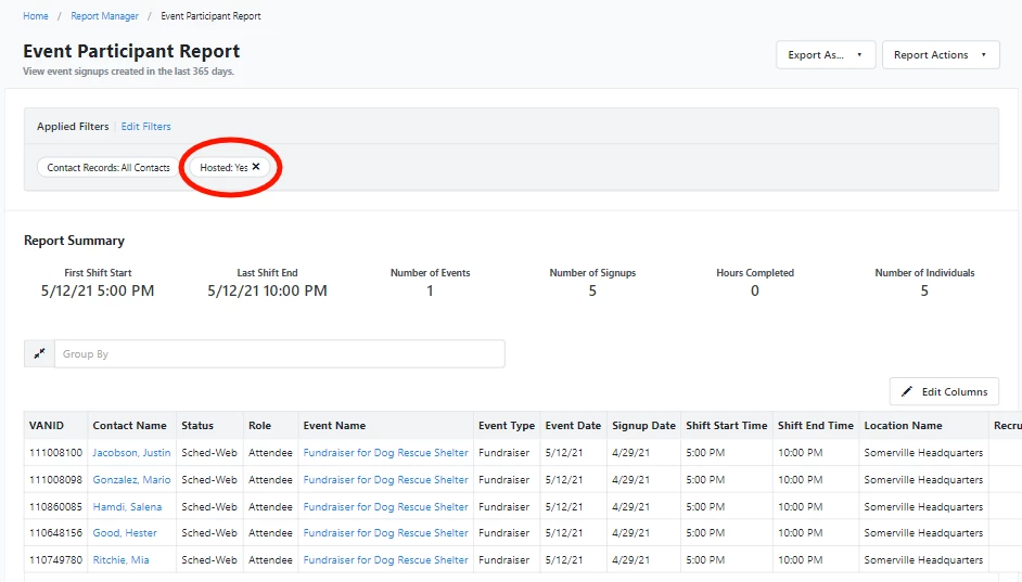 event participant report filtered by hosted event