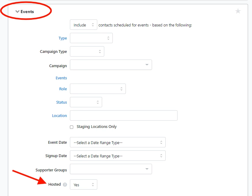 expanded events section of create a list showing hosted events filter