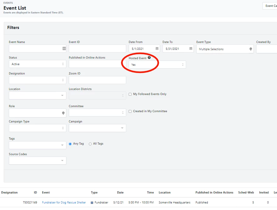 event list filtered by hosted events