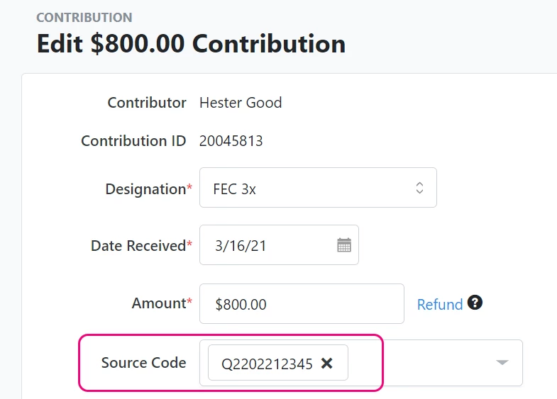 source code box highlighted on a contribution details page