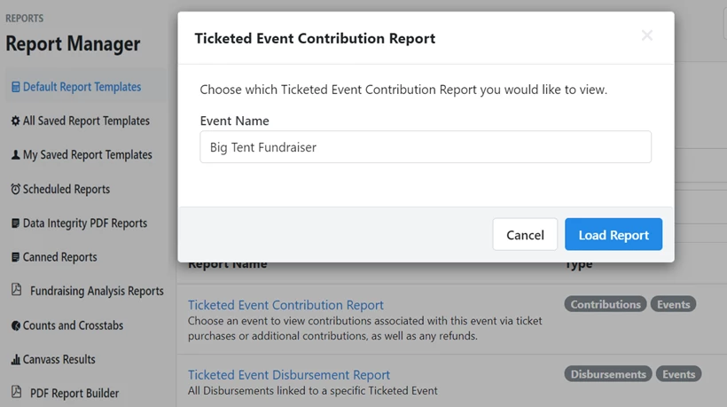 Opening the Ticketed Event Contribution report