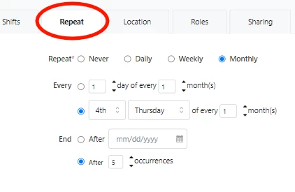 options available to schedule a recurring event