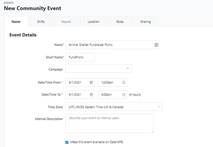 customizable fields for a new event