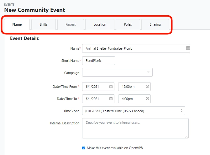 tabs showing where to edit other parts of the event