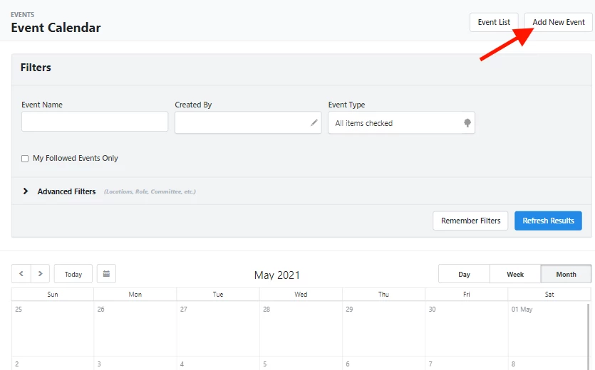 calendar screen showing the add new event option