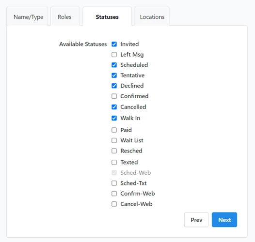 Several statuses checked to make available for this event type