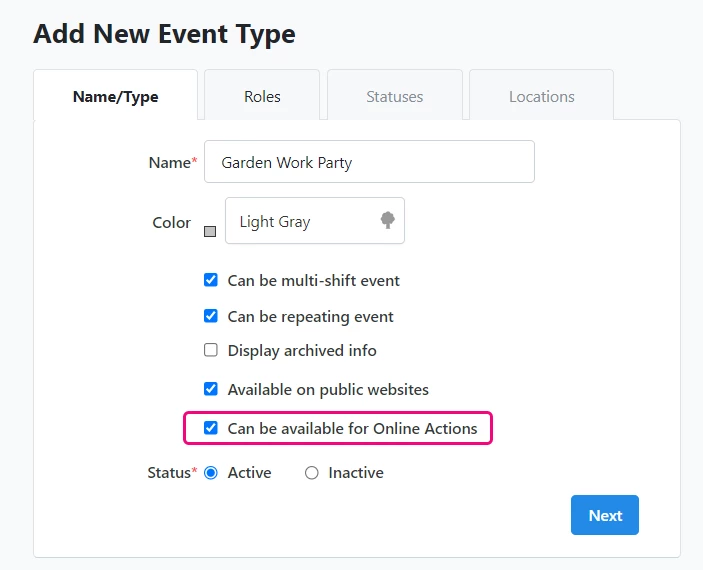 Available for online actions is highlighted in add new box
