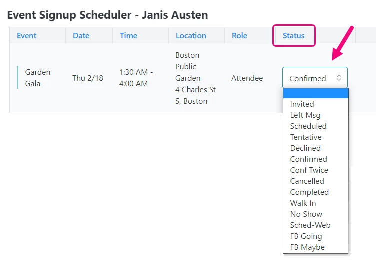 Status selector highlighted on one of the events in the search results