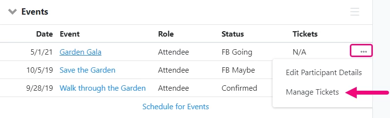 action menu and manage tickets highlighted in events section of contact record