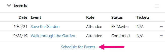 Schedule for Events highlighted in Event section