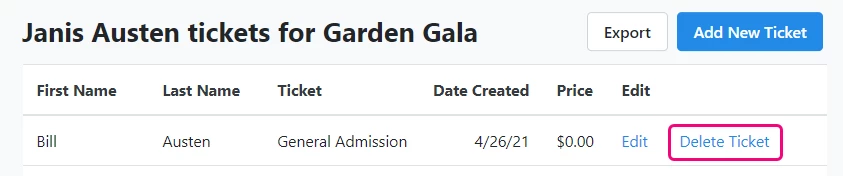 Delete ticket link highlighted