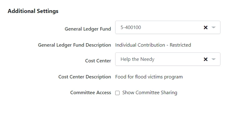 Source Code > Additional Settings section with General Ledger filled in