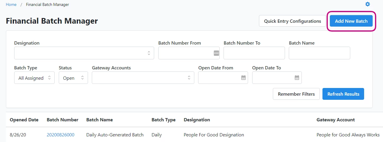 financial batch manager dashboard page with Add New Batch highlighted