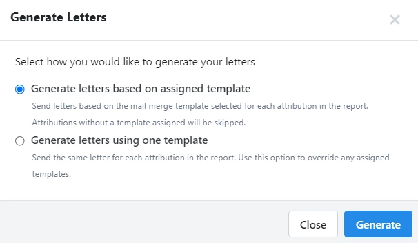 Choosing whether to use default mail merge templates or override and use one for all in report