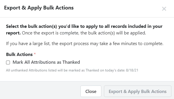 Bulk Apply dialogue box showing Mark All Attributions as Thanked