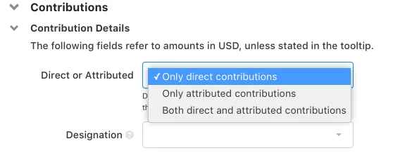 Viewing the Direct or Attributed dropdown
