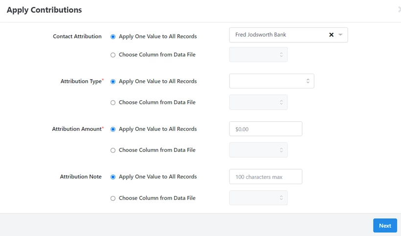 Apply Contributions field mappings shown