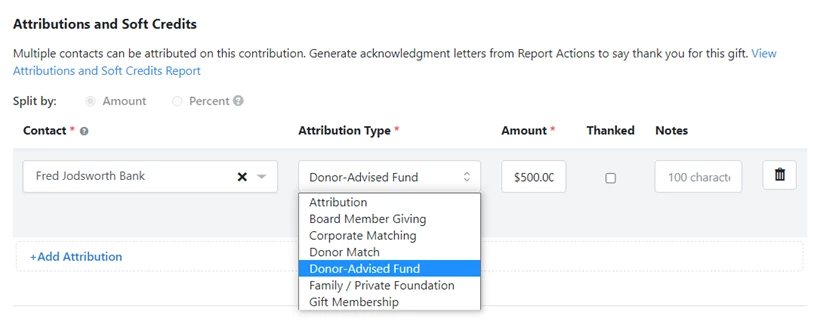 dropdown for attribute type is expanded in the Attirbutions and Soft Credits section