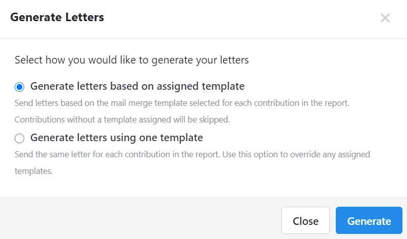 Generate letters based on assigned template is selected