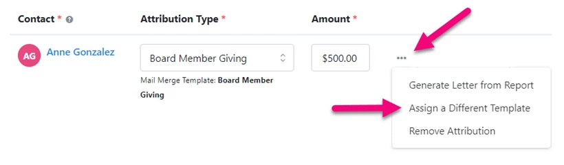 action menu with assign a different template highlighted