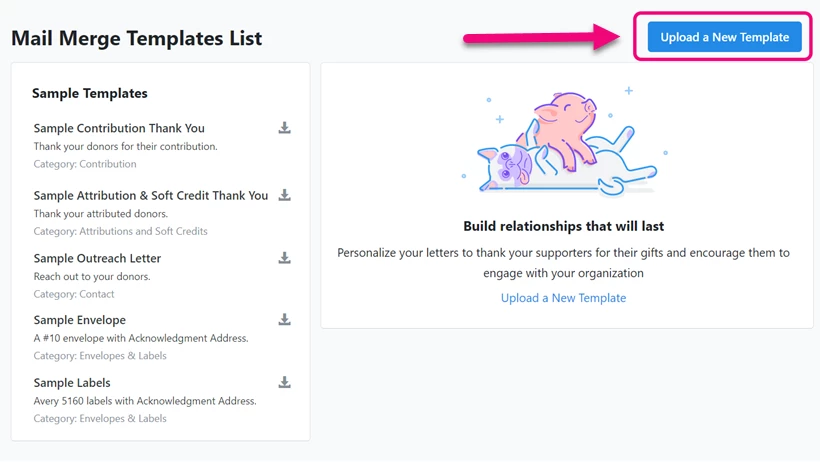 Upload a new template link is highlighted on Mail Merge Templates page