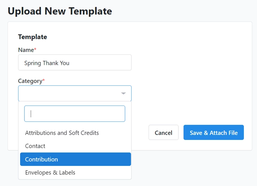Upload new template dialogue open with dropdown for types of templates open