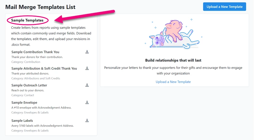 Sample Template section of the Mail Merge page is highlighted