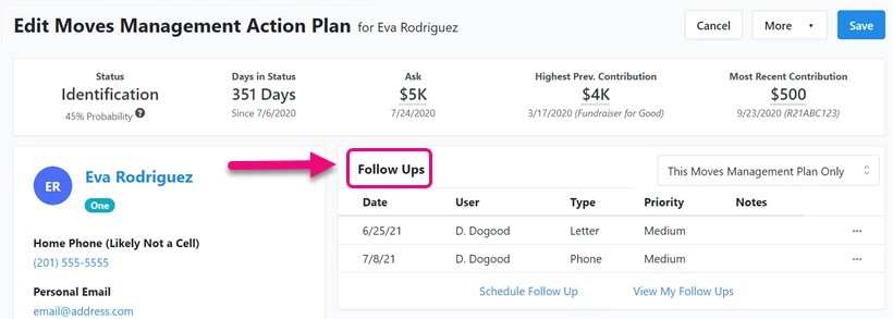 Follow Ups is highlighted in a Moves Management Action Plan