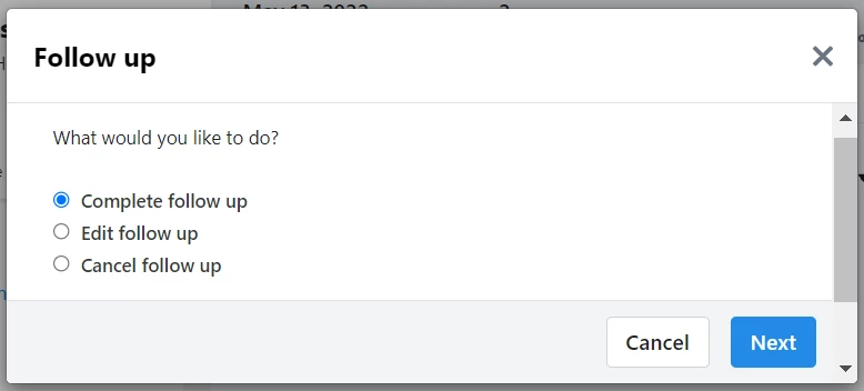 Contact Record Follow up (Complete, Select}
