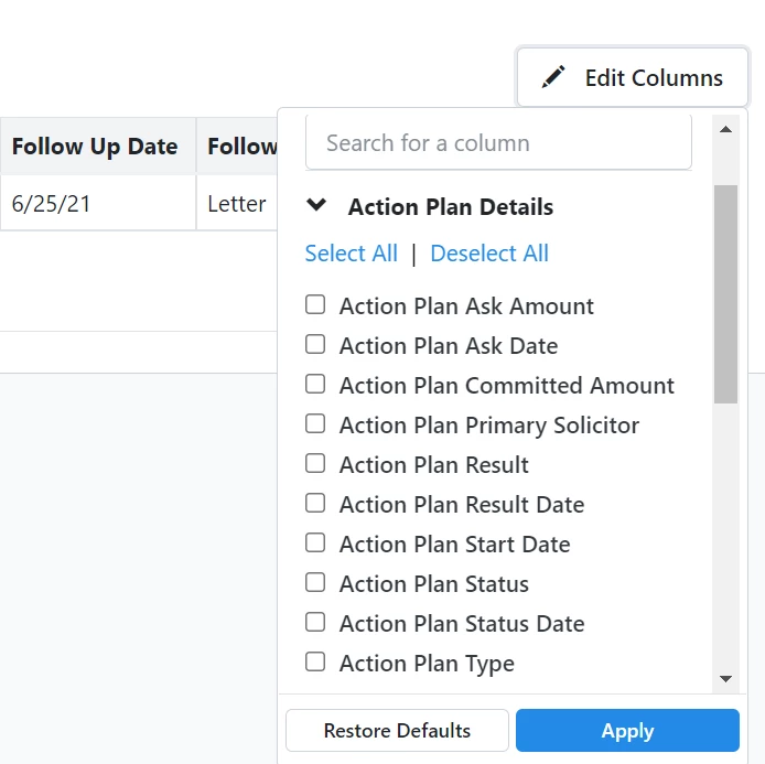 Columns dropdown shows available Action Plan options