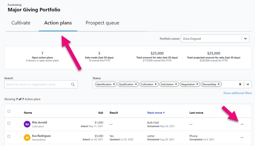 Action plans tab is highlighted and action menu