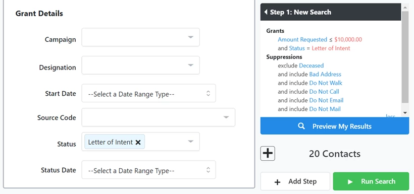 an example of a search using grant criteria