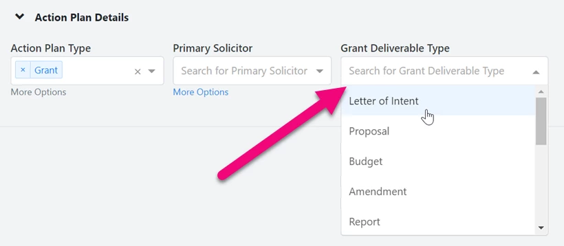 filtering by grant deliverable type > letter of intent