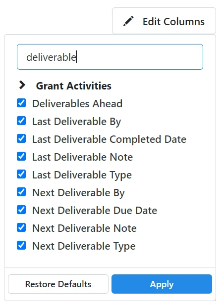 examples of columns you can add includes deliverables info (last deliverable date, next deliverable date and so on)