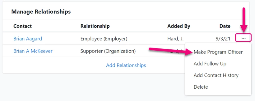 Make Program Officer in the action menu is highlighted